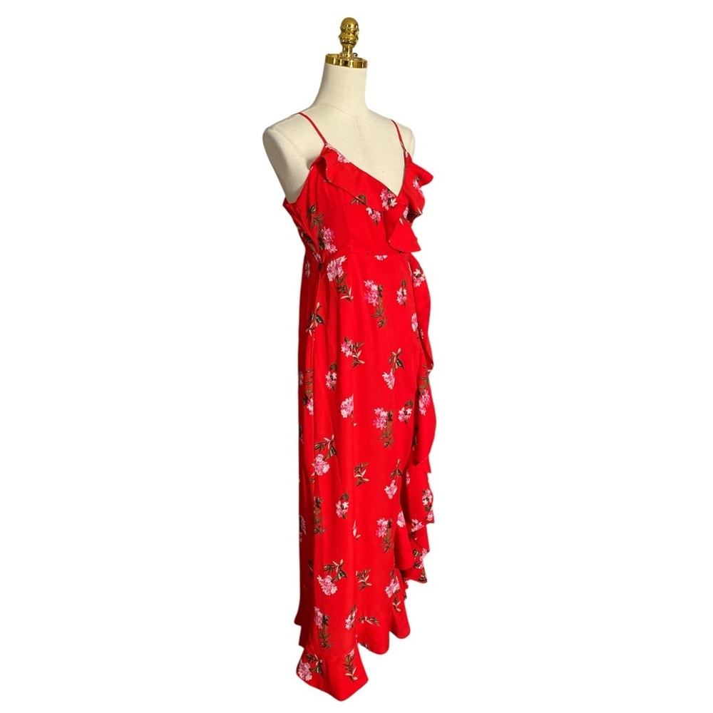 Lulus Women Red Floral Sleeveless Ruffled Wrap Flowy Prom Party Maxi Dress Sz M - Picture 6 of 10